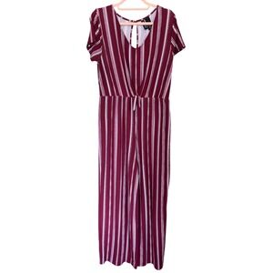 Kristin Nicole Burgundy Striped Wide Leg Jumpsuit Short Sleeve Tie Waist Large
